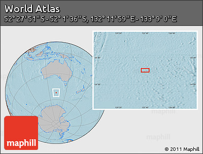 Gray Location Map of the Area around 52° 14' 43" S, 132° 40' 30" E, hill shading