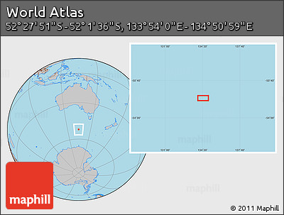 Gray Location Map of the Area around 52° 14' 43" S, 134° 22' 30" E