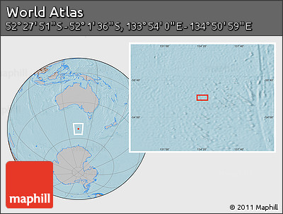 Gray Location Map of the Area around 52° 14' 43" S, 134° 22' 30" E, hill shading