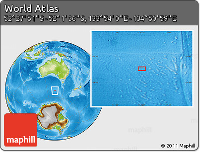 Physical Location Map of the Area around 52° 14' 43" S, 134° 22' 30" E