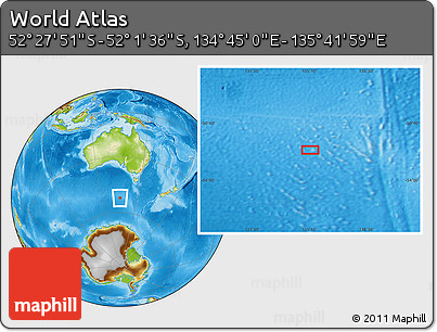 Physical Location Map of the Area around 52° 14' 43" S, 135° 13' 29" E