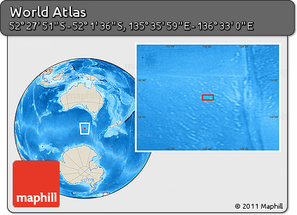 Shaded Relief Location Map of the Area around 52° 14' 43" S, 136° 4' 29" E