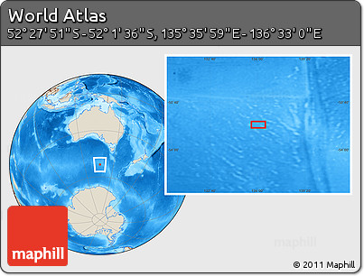 Shaded Relief Location Map of the Area around 52° 14' 43" S, 136° 4' 29" E
