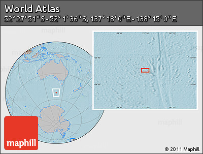 Gray Location Map of the Area around 52° 14' 43" S, 137° 46' 30" E, hill shading