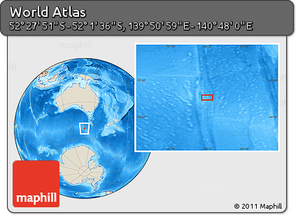 Shaded Relief Location Map of the Area around 52° 14' 43" S, 140° 19' 29" E