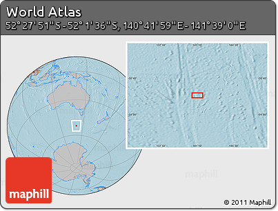 Gray Location Map of the Area around 52° 14' 43" S, 141° 10' 30" E, hill shading