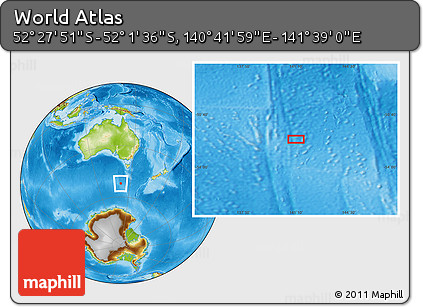 Physical Location Map of the Area around 52° 14' 43" S, 141° 10' 30" E
