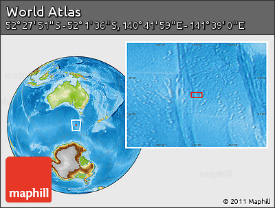 Physical Location Map of the Area around 52° 14' 43" S, 141° 10' 30" E