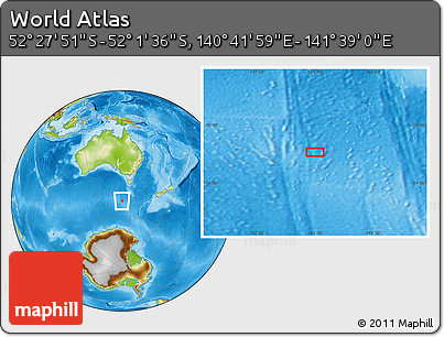 Physical Location Map of the Area around 52° 14' 43" S, 141° 10' 30" E