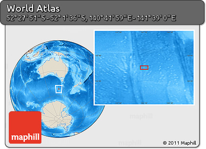 Shaded Relief Location Map of the Area around 52° 14' 43" S, 141° 10' 30" E