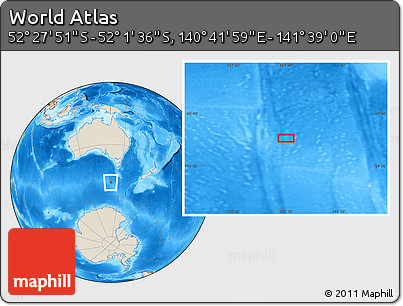 Shaded Relief Location Map of the Area around 52° 14' 43" S, 141° 10' 30" E