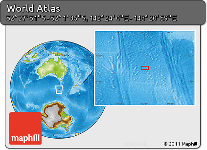 Physical Location Map of the Area around 52° 14' 43" S, 142° 52' 30" E