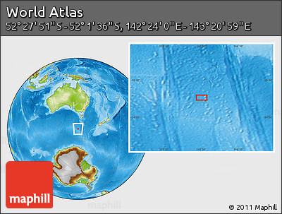 Physical Location Map of the Area around 52° 14' 43" S, 142° 52' 30" E