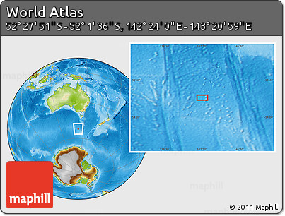 Physical Location Map of the Area around 52° 14' 43" S, 142° 52' 30" E