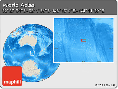 Shaded Relief Location Map of the Area around 52° 14' 43" S, 143° 43' 29" E