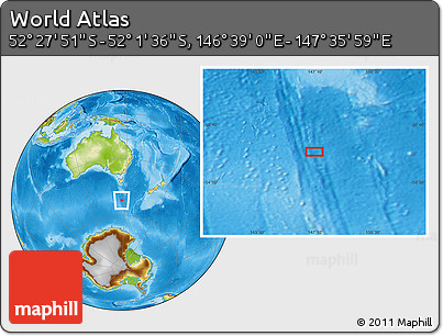 Physical Location Map of the Area around 52° 14' 43" S, 147° 7' 30" E