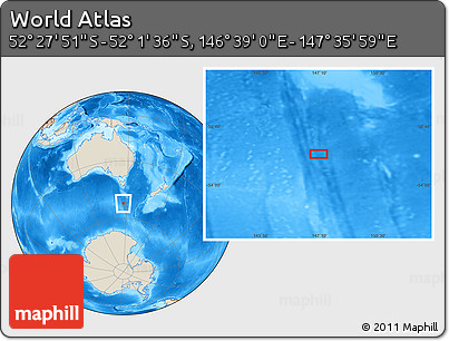 Shaded Relief Location Map of the Area around 52° 14' 43" S, 147° 7' 30" E