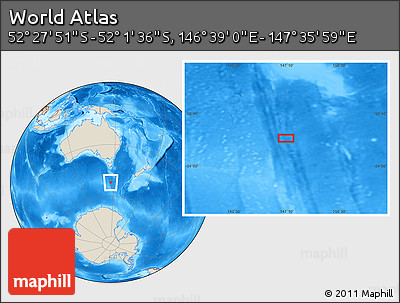Shaded Relief Location Map of the Area around 52° 14' 43" S, 147° 7' 30" E