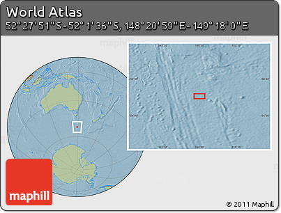 Savanna Style Location Map of the Area around 52° 14' 43" S, 148° 49' 29" E, hill shading