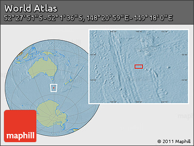 Savanna Style Location Map of the Area around 52° 14' 43" S, 148° 49' 29" E, hill shading