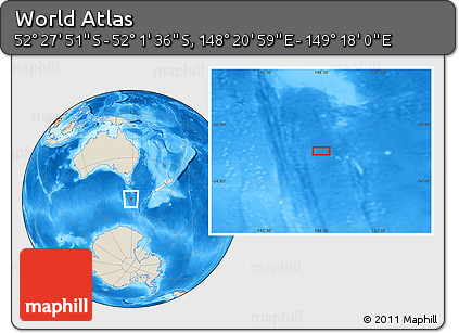 Shaded Relief Location Map of the Area around 52° 14' 43" S, 148° 49' 29" E