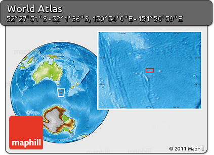 Physical Location Map of the Area around 52° 14' 43" S, 151° 22' 30" E