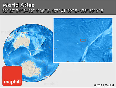 Shaded Relief Location Map of the Area around 52° 14' 43" S, 158° 10' 30" E