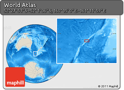 Shaded Relief Location Map of the Area around 52° 14' 43" S, 160° 43' 29" E