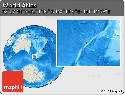Shaded Relief Location Map of the Area around 52° 14' 43" S, 160° 43' 29" E