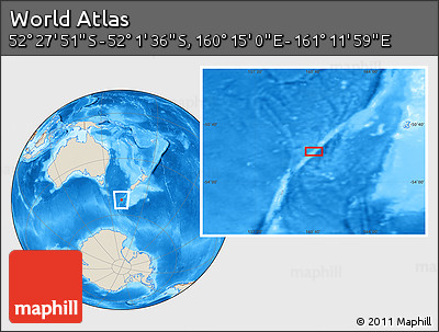 Shaded Relief Location Map of the Area around 52° 14' 43" S, 160° 43' 29" E