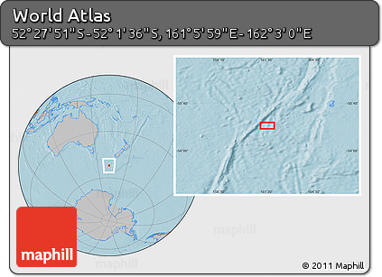 Gray Location Map of the Area around 52° 14' 43" S, 161° 34' 29" E, hill shading