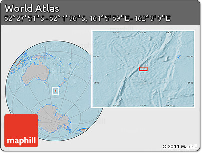 Gray Location Map of the Area around 52° 14' 43" S, 161° 34' 29" E, hill shading