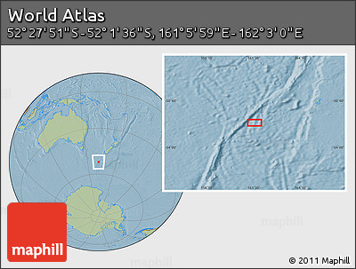 Savanna Style Location Map of the Area around 52° 14' 43" S, 161° 34' 29" E, hill shading