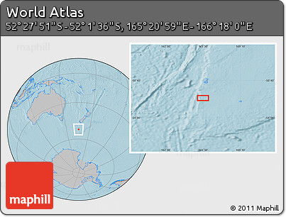 Gray Location Map of the Area around 52° 14' 43" S, 165° 49' 29" E, hill shading