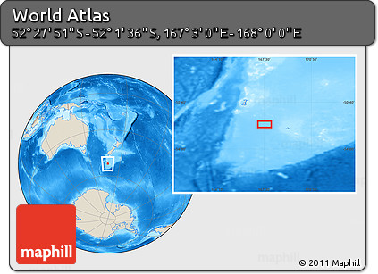 Shaded Relief Location Map of the Area around 52° 14' 43" S, 167° 31' 30" E