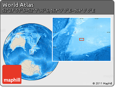 Shaded Relief Location Map of the Area around 52° 14' 43" S, 167° 31' 30" E