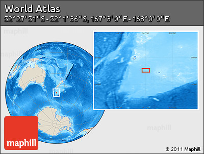 Shaded Relief Location Map of the Area around 52° 14' 43" S, 167° 31' 30" E