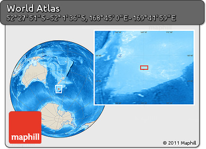 Shaded Relief Location Map of the Area around 52° 14' 43" S, 169° 13' 29" E