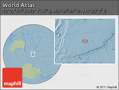 Savanna Style Location Map of the Area around 52° 14' 43" S, 170° 4' 29" E, hill shading