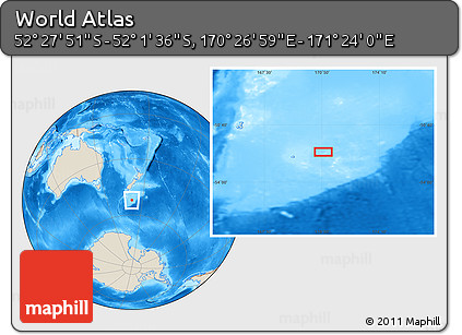 Shaded Relief Location Map of the Area around 52° 14' 43" S, 170° 55' 30" E