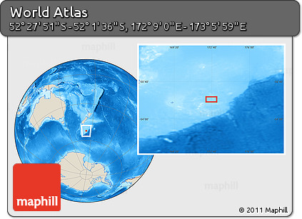 Shaded Relief Location Map of the Area around 52° 14' 43" S, 172° 37' 30" E