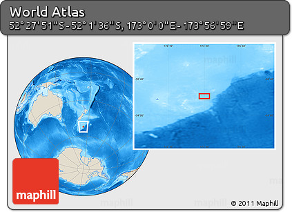 Shaded Relief Location Map of the Area around 52° 14' 43" S, 173° 28' 29" E