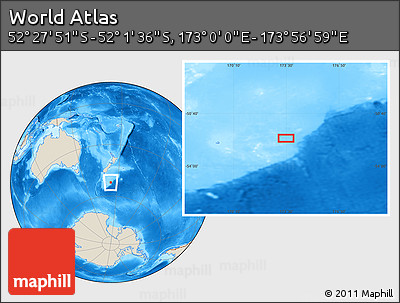 Shaded Relief Location Map of the Area around 52° 14' 43" S, 173° 28' 29" E