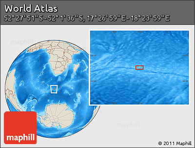 Shaded Relief Location Map of the Area around 52° 14' 43" S, 17° 55' 29" E