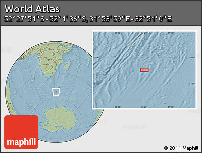 Savanna Style Location Map of the Area around 52° 14' 43" S, 32° 22' 30" E, hill shading