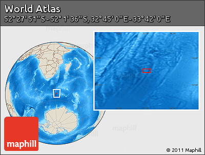 Shaded Relief Location Map of the Area around 52° 14' 43" S, 33° 13' 30" E