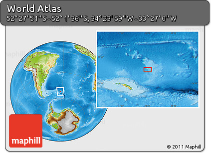 Physical Location Map of the Area around 52° 14' 43" S, 33° 55' 29" W