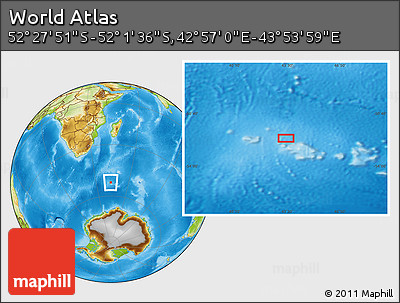 Physical Location Map of the Area around 52° 14' 43" S, 43° 25' 29" E