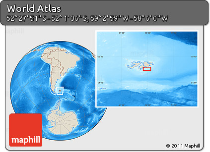 Shaded Relief Location Map of the Area around 52° 14' 43" S, 58° 34' 30" W