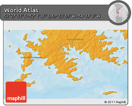 Political 3D Map of the Area around 52° 14' 43" S, 59° 25' 29" W